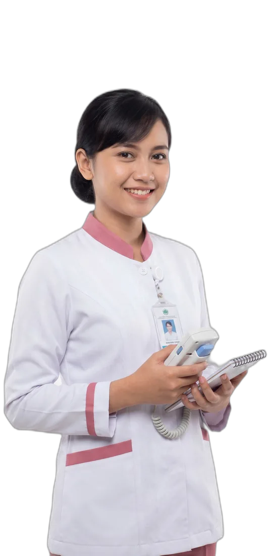 Bidan muda Klinix mengenakan seragam dengan alat pemeriksaan kehamilan