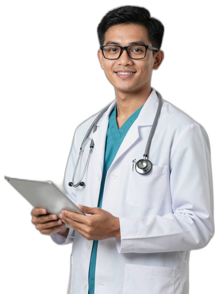Dokter muda Klinix berkacamata dengan jas putih dan stetoskop